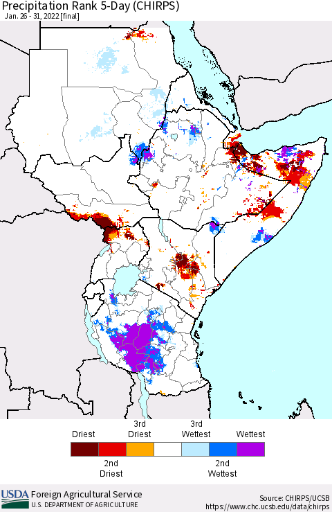 Eastern Africa Precipitation Rank since 1981, 5-Day (CHIRPS) Thematic Map For 1/26/2022 - 1/31/2022