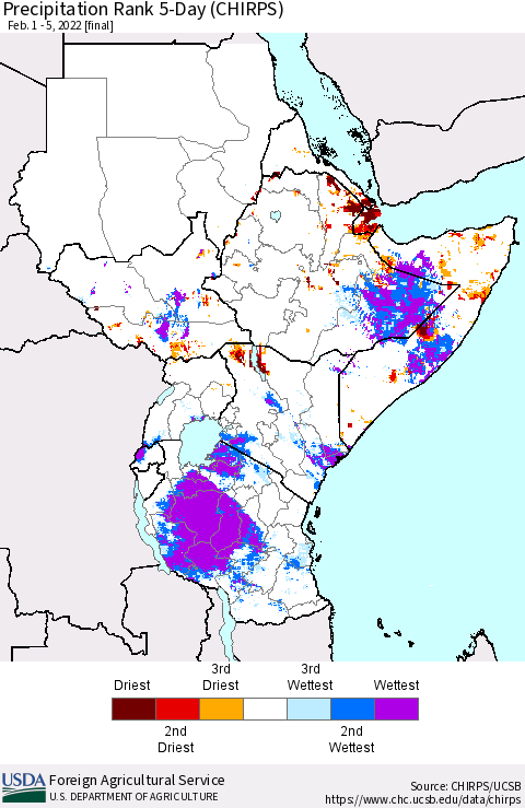 Eastern Africa Precipitation Rank 5-Day (CHIRPS) Thematic Map For 2/1/2022 - 2/5/2022