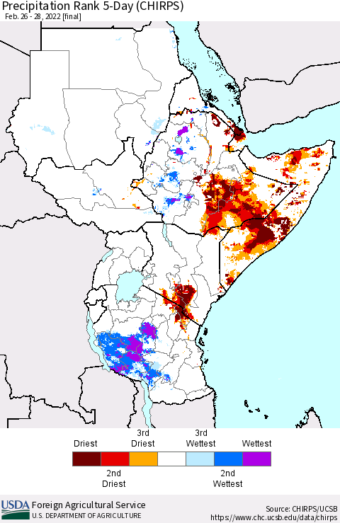 Eastern Africa Precipitation Rank since 1981, 5-Day (CHIRPS) Thematic Map For 2/26/2022 - 2/28/2022