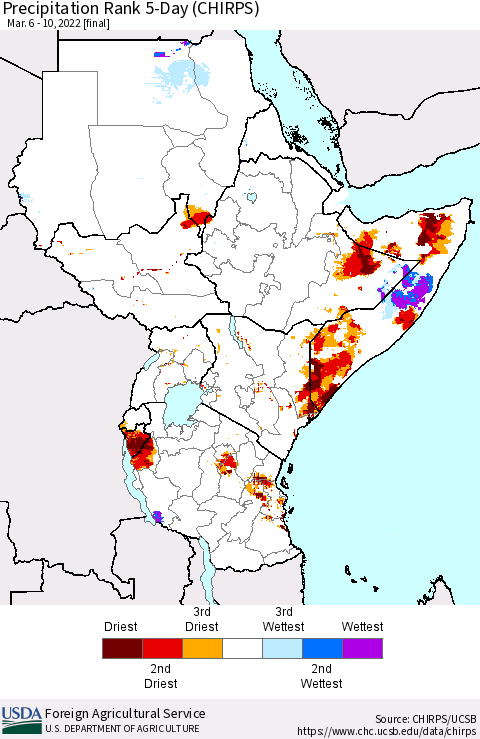 Eastern Africa Precipitation Rank 5-Day (CHIRPS) Thematic Map For 3/6/2022 - 3/10/2022