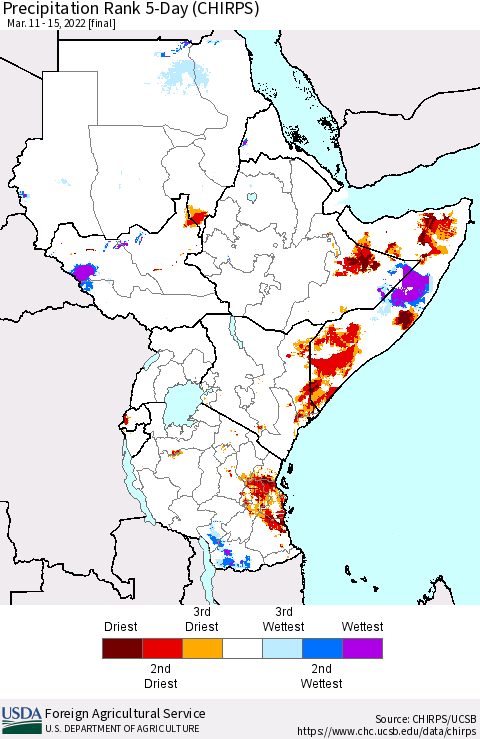 Eastern Africa Precipitation Rank 5-Day (CHIRPS) Thematic Map For 3/11/2022 - 3/15/2022