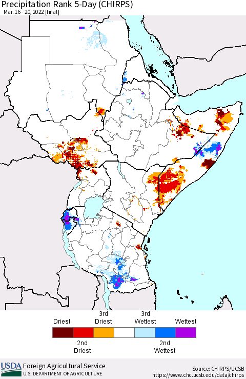 Eastern Africa Precipitation Rank 5-Day (CHIRPS) Thematic Map For 3/16/2022 - 3/20/2022