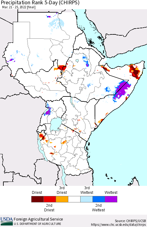 Eastern Africa Precipitation Rank since 1981, 5-Day (CHIRPS) Thematic Map For 3/21/2022 - 3/25/2022