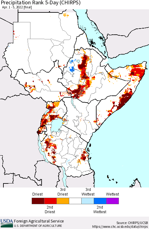 Eastern Africa Precipitation Rank 5-Day (CHIRPS) Thematic Map For 4/1/2022 - 4/5/2022