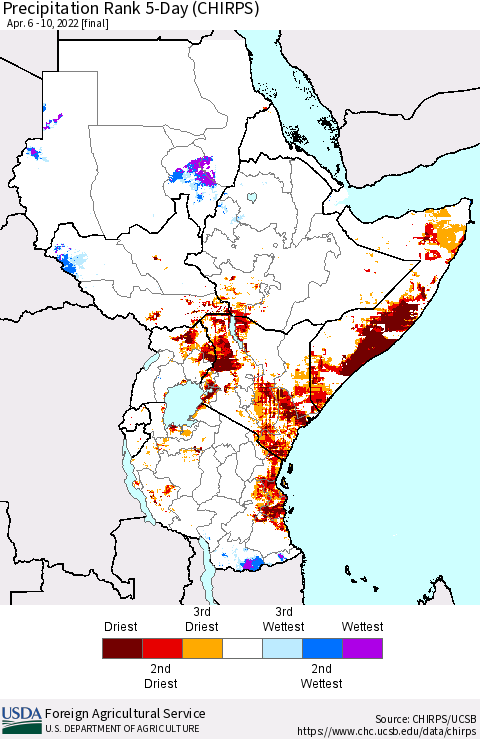 Eastern Africa Precipitation Rank since 1981, 5-Day (CHIRPS) Thematic Map For 4/6/2022 - 4/10/2022