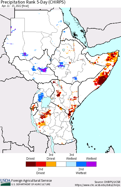 Eastern Africa Precipitation Rank 5-Day (CHIRPS) Thematic Map For 4/11/2022 - 4/15/2022