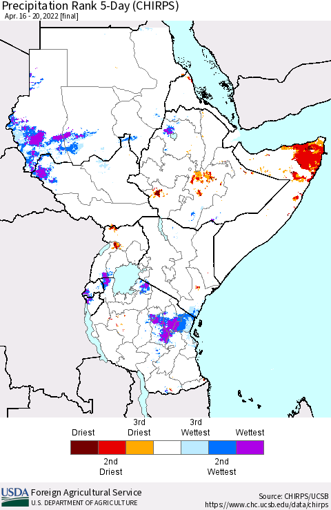Eastern Africa Precipitation Rank 5-Day (CHIRPS) Thematic Map For 4/16/2022 - 4/20/2022