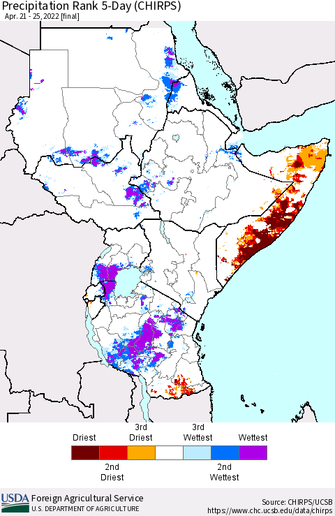 Eastern Africa Precipitation Rank 5-Day (CHIRPS) Thematic Map For 4/21/2022 - 4/25/2022