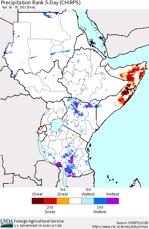 Eastern Africa Precipitation Rank 5-Day (CHIRPS) Thematic Map For 4/26/2022 - 4/30/2022