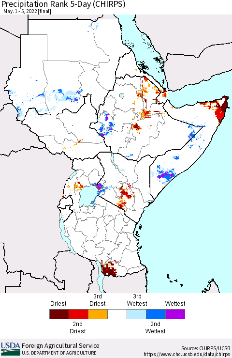 Eastern Africa Precipitation Rank 5-Day (CHIRPS) Thematic Map For 5/1/2022 - 5/5/2022