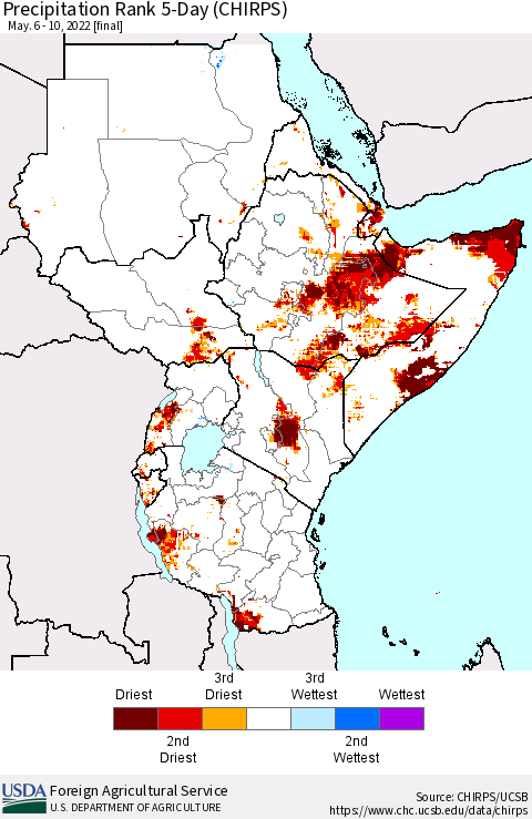 Eastern Africa Precipitation Rank 5-Day (CHIRPS) Thematic Map For 5/6/2022 - 5/10/2022