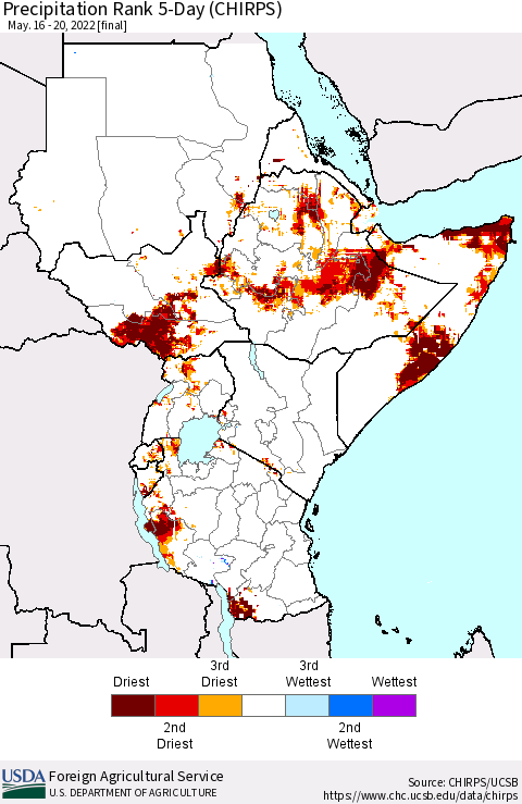 Eastern Africa Precipitation Rank since 1981, 5-Day (CHIRPS) Thematic Map For 5/16/2022 - 5/20/2022