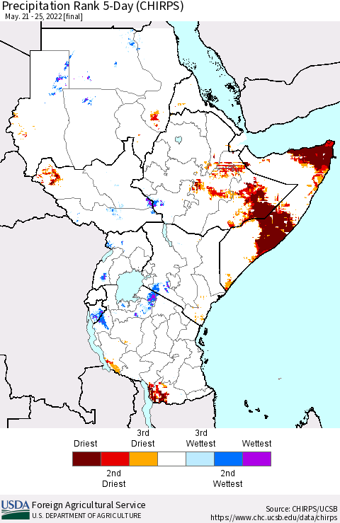 Eastern Africa Precipitation Rank 5-Day (CHIRPS) Thematic Map For 5/21/2022 - 5/25/2022