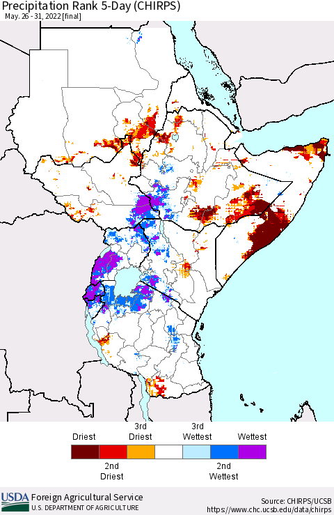 Eastern Africa Precipitation Rank 5-Day (CHIRPS) Thematic Map For 5/26/2022 - 5/31/2022