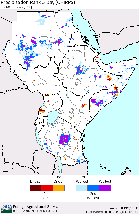 Eastern Africa Precipitation Rank since 1981, 5-Day (CHIRPS) Thematic Map For 6/6/2022 - 6/10/2022