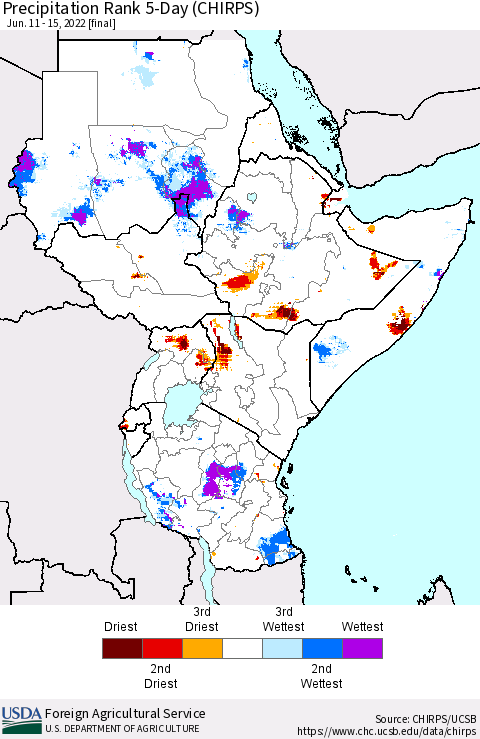 Eastern Africa Precipitation Rank 5-Day (CHIRPS) Thematic Map For 6/11/2022 - 6/15/2022