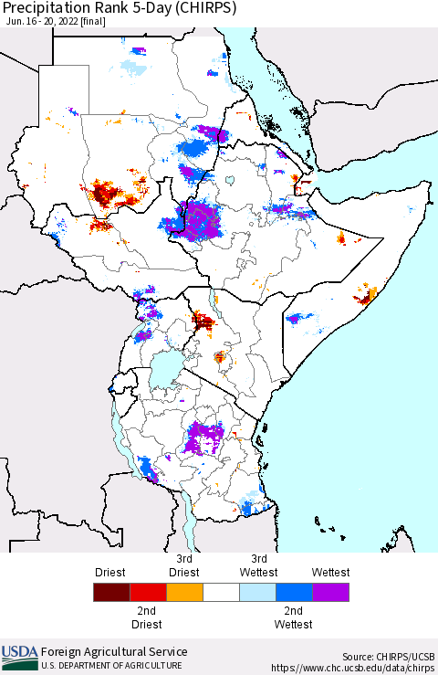 Eastern Africa Precipitation Rank since 1981, 5-Day (CHIRPS) Thematic Map For 6/16/2022 - 6/20/2022