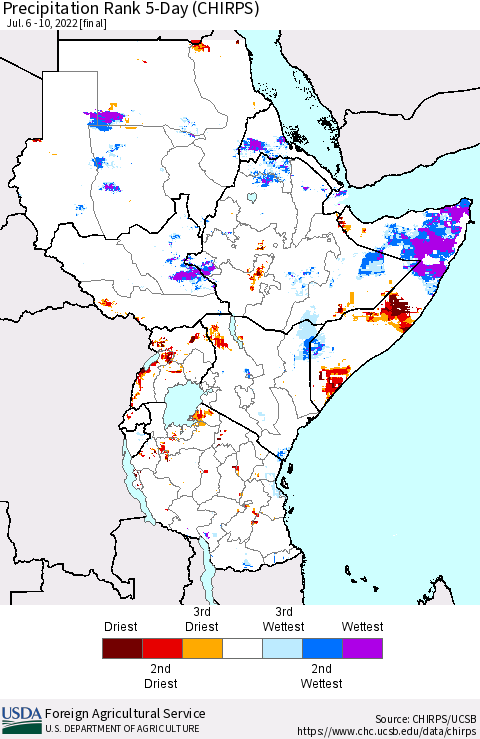 Eastern Africa Precipitation Rank since 1981, 5-Day (CHIRPS) Thematic Map For 7/6/2022 - 7/10/2022