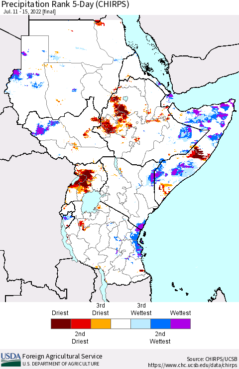 Eastern Africa Precipitation Rank since 1981, 5-Day (CHIRPS) Thematic Map For 7/11/2022 - 7/15/2022