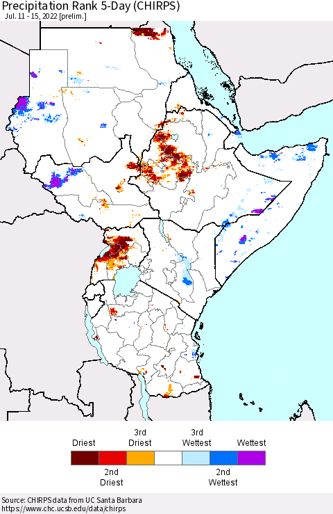 Eastern Africa Precipitation Rank 5-Day (CHIRPS) Thematic Map For 7/11/2022 - 7/15/2022