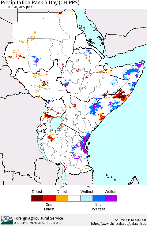 Eastern Africa Precipitation Rank since 1981, 5-Day (CHIRPS) Thematic Map For 7/16/2022 - 7/20/2022