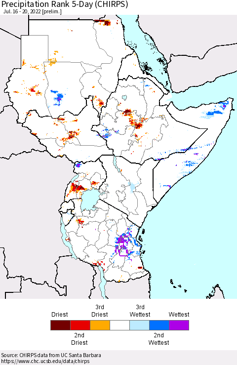 Eastern Africa Precipitation Rank 5-Day (CHIRPS) Thematic Map For 7/16/2022 - 7/20/2022