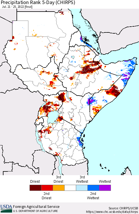 Eastern Africa Precipitation Rank since 1981, 5-Day (CHIRPS) Thematic Map For 7/21/2022 - 7/25/2022