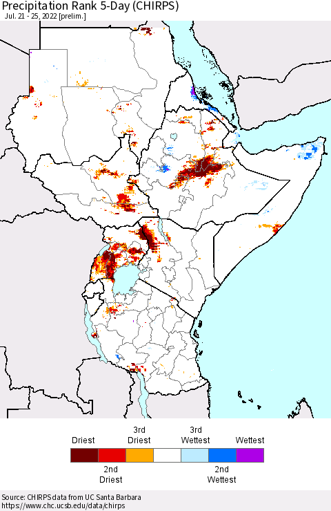 Eastern Africa Precipitation Rank 5-Day (CHIRPS) Thematic Map For 7/21/2022 - 7/25/2022