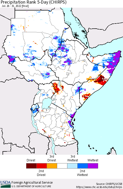 Eastern Africa Precipitation Rank since 1981, 5-Day (CHIRPS) Thematic Map For 7/26/2022 - 7/31/2022