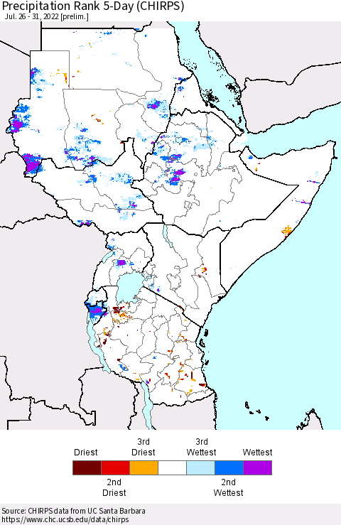 Eastern Africa Precipitation Rank 5-Day (CHIRPS) Thematic Map For 7/26/2022 - 7/31/2022