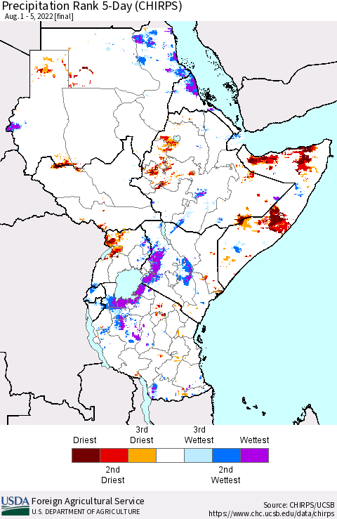 Eastern Africa Precipitation Rank since 1981, 5-Day (CHIRPS) Thematic Map For 8/1/2022 - 8/5/2022