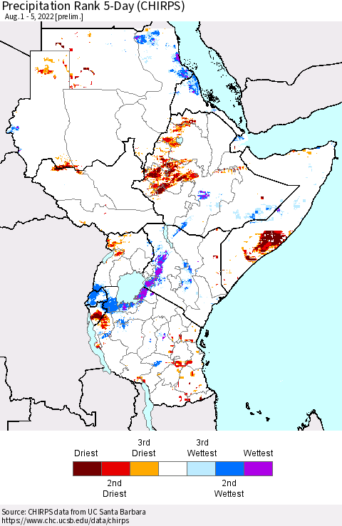 Eastern Africa Precipitation Rank 5-Day (CHIRPS) Thematic Map For 8/1/2022 - 8/5/2022