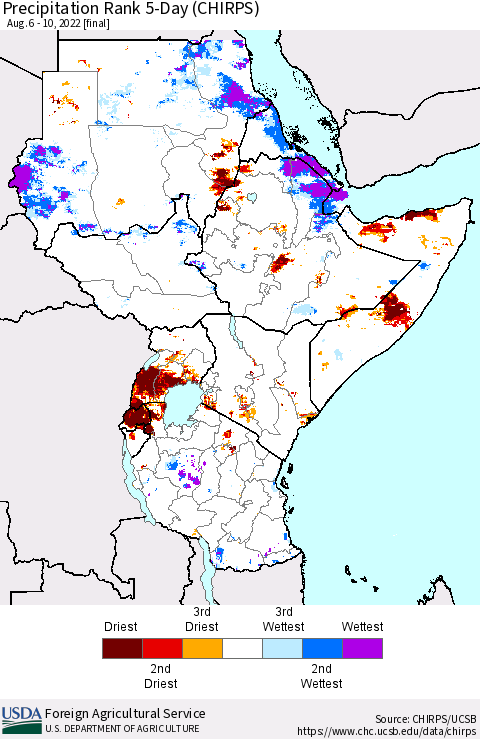 Eastern Africa Precipitation Rank since 1981, 5-Day (CHIRPS) Thematic Map For 8/6/2022 - 8/10/2022
