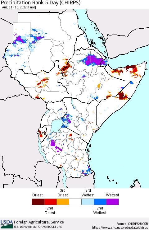 Eastern Africa Precipitation Rank since 1981, 5-Day (CHIRPS) Thematic Map For 8/11/2022 - 8/15/2022