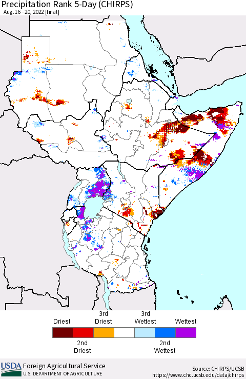 Eastern Africa Precipitation Rank since 1981, 5-Day (CHIRPS) Thematic Map For 8/16/2022 - 8/20/2022