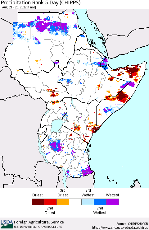 Eastern Africa Precipitation Rank since 1981, 5-Day (CHIRPS) Thematic Map For 8/21/2022 - 8/25/2022