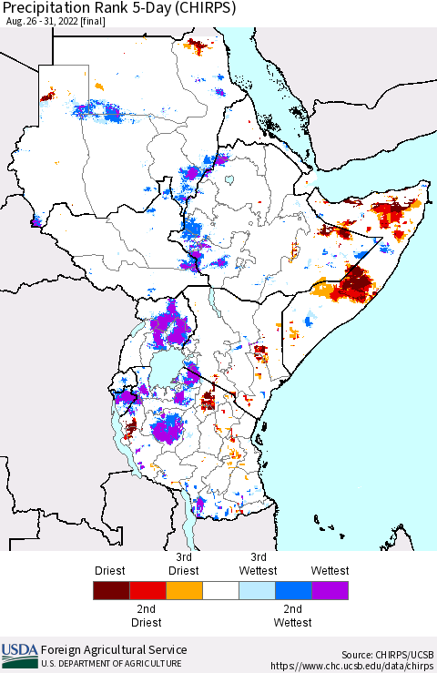 Eastern Africa Precipitation Rank since 1981, 5-Day (CHIRPS) Thematic Map For 8/26/2022 - 8/31/2022