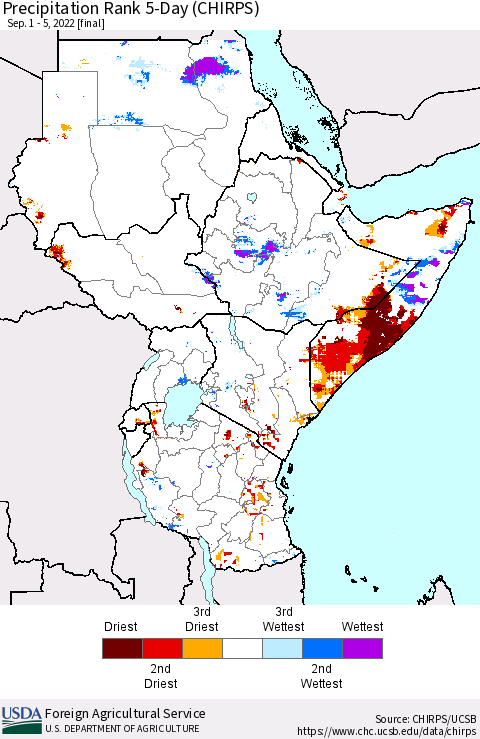 Eastern Africa Precipitation Rank since 1981, 5-Day (CHIRPS) Thematic Map For 9/1/2022 - 9/5/2022