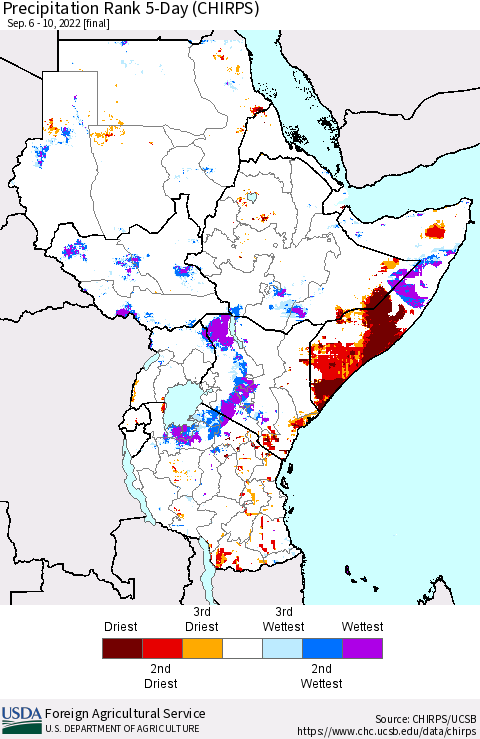 Eastern Africa Precipitation Rank since 1981, 5-Day (CHIRPS) Thematic Map For 9/6/2022 - 9/10/2022
