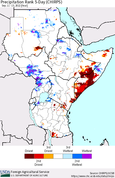 Eastern Africa Precipitation Rank since 1981, 5-Day (CHIRPS) Thematic Map For 9/11/2022 - 9/15/2022