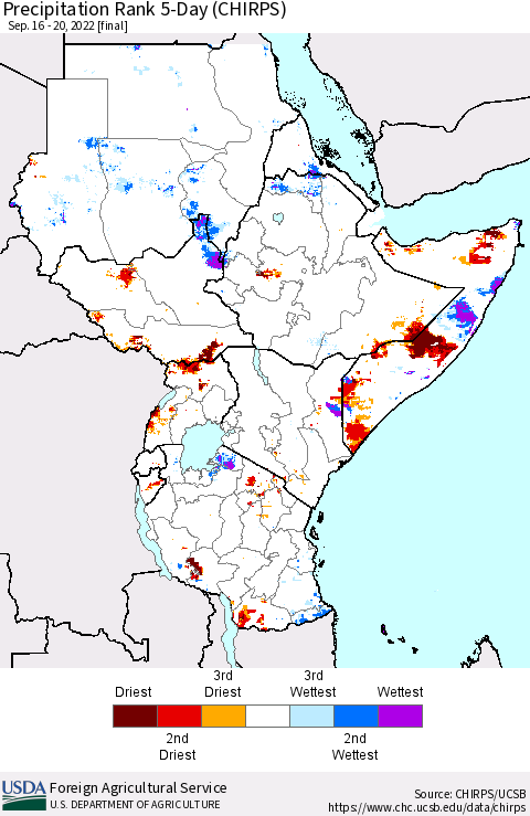 Eastern Africa Precipitation Rank since 1981, 5-Day (CHIRPS) Thematic Map For 9/16/2022 - 9/20/2022