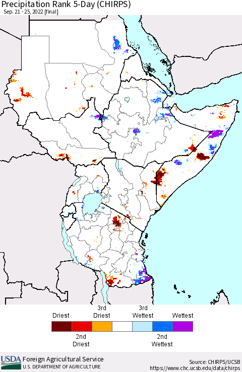 Eastern Africa Precipitation Rank since 1981, 5-Day (CHIRPS) Thematic Map For 9/21/2022 - 9/25/2022