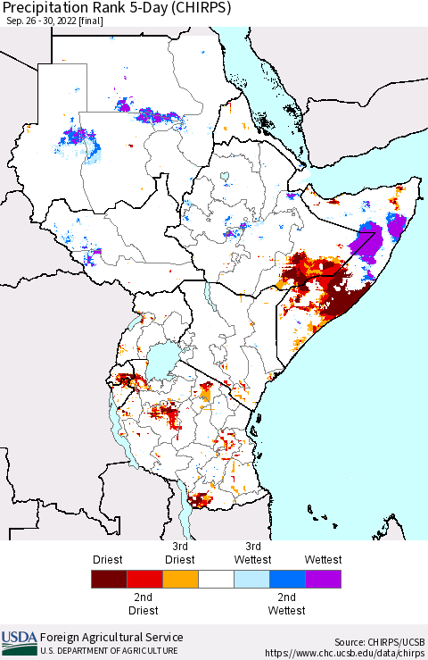 Eastern Africa Precipitation Rank since 1981, 5-Day (CHIRPS) Thematic Map For 9/26/2022 - 9/30/2022