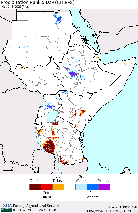 Eastern Africa Precipitation Rank since 1981, 5-Day (CHIRPS) Thematic Map For 10/1/2022 - 10/5/2022