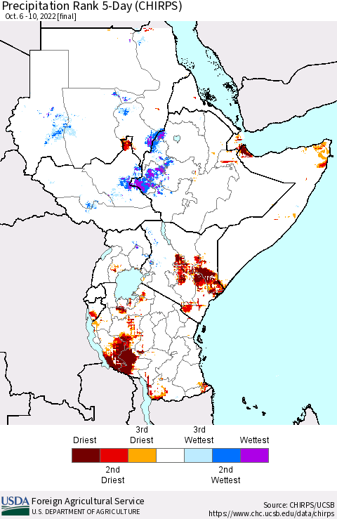 Eastern Africa Precipitation Rank since 1981, 5-Day (CHIRPS) Thematic Map For 10/6/2022 - 10/10/2022
