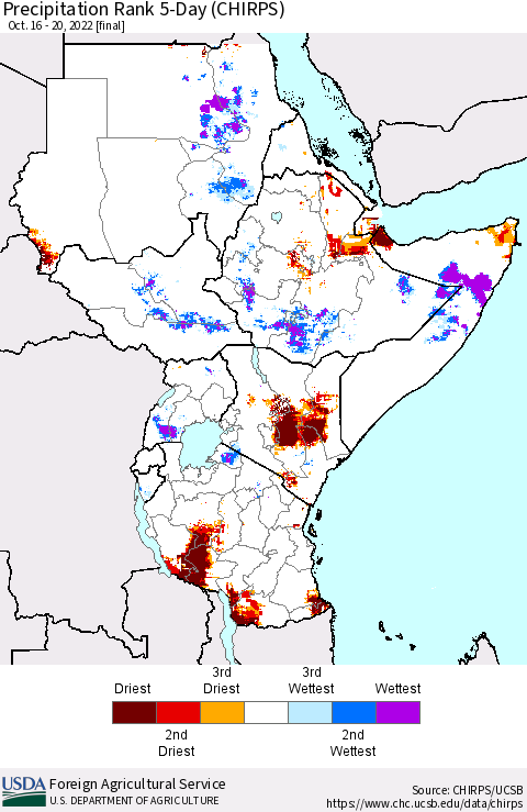 Eastern Africa Precipitation Rank since 1981, 5-Day (CHIRPS) Thematic Map For 10/16/2022 - 10/20/2022