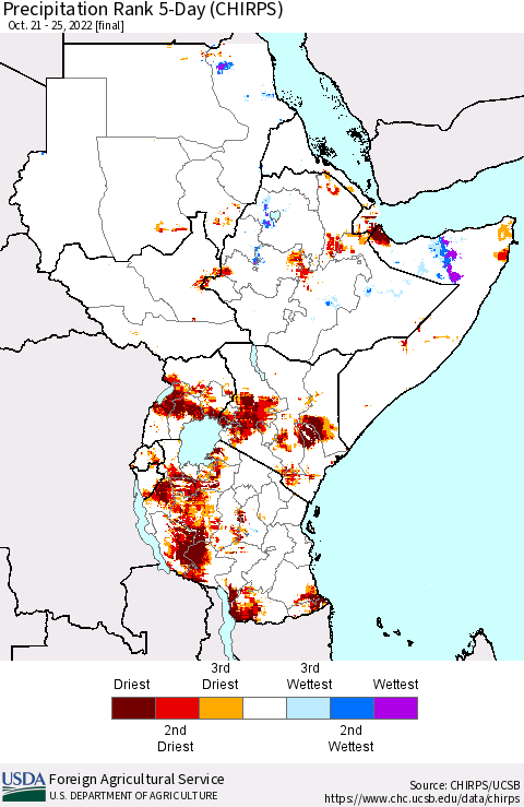 Eastern Africa Precipitation Rank since 1981, 5-Day (CHIRPS) Thematic Map For 10/21/2022 - 10/25/2022