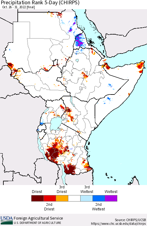 Eastern Africa Precipitation Rank since 1981, 5-Day (CHIRPS) Thematic Map For 10/26/2022 - 10/31/2022