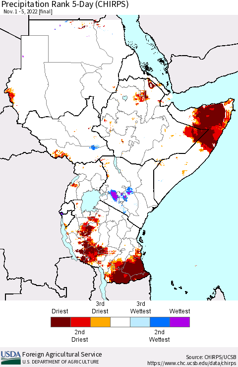Eastern Africa Precipitation Rank since 1981, 5-Day (CHIRPS) Thematic Map For 11/1/2022 - 11/5/2022
