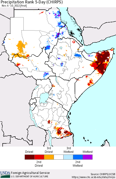 Eastern Africa Precipitation Rank since 1981, 5-Day (CHIRPS) Thematic Map For 11/6/2022 - 11/10/2022